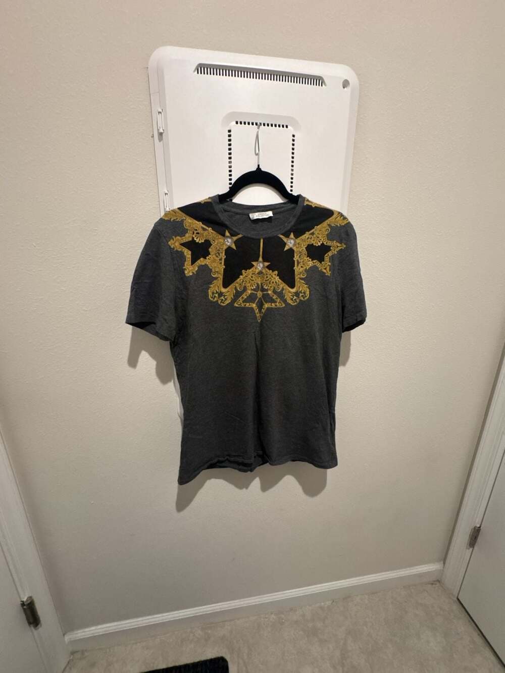 Versace Collection Charcoal Cotton T-Shirt with Gold Baroque Star Graphic Y2K